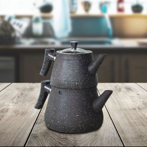 Bakalit Kulplu Cam  Kapaklı 3,5 Litre Siyah Granit Çaydanlık, Çaydanlık Takımı